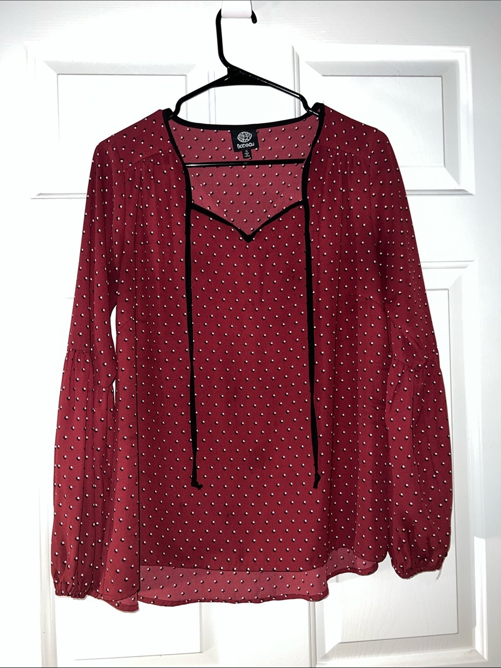 bobeau Burgundy Polka Dot Tie-Neck Blouse